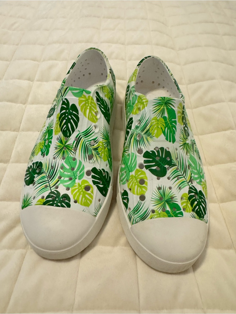 Native Shoes Jefferson White Slip-On Sneakers with Green Tropical Leaf Print